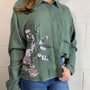 Collared Green Cherry Blossom Button Down Shirt